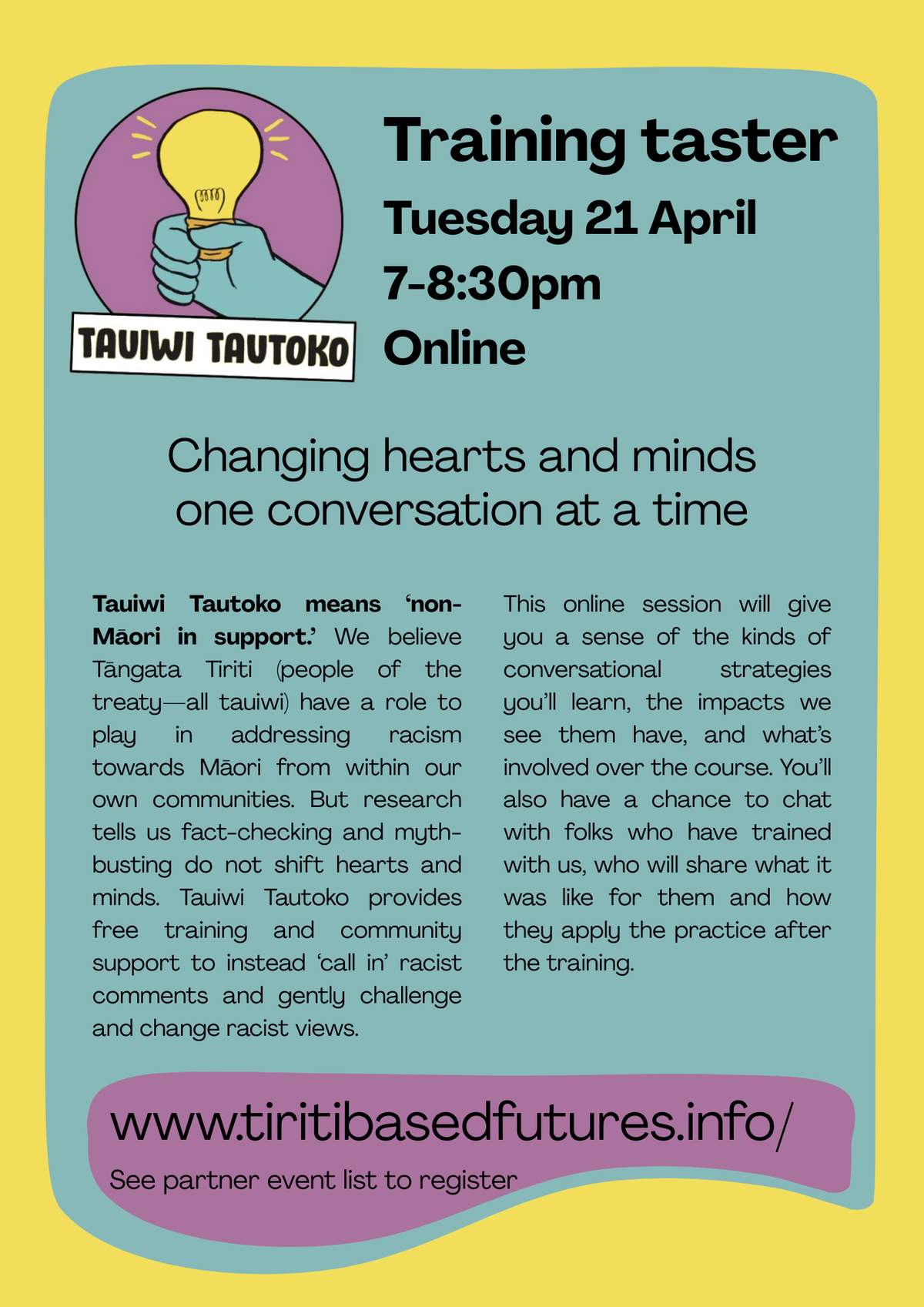 flier_Training taster Tuesday 21 April 7-830pm Online